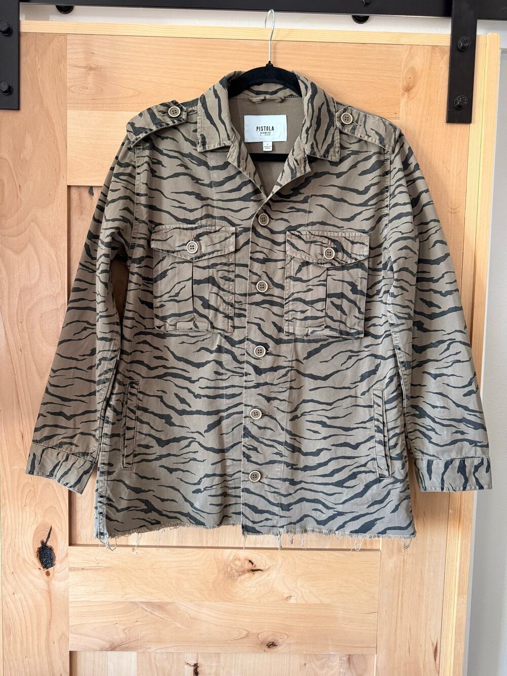 Pistola Camilo Olive Tiger Stripe Utility Jacket Women’s Small Raw Hem
